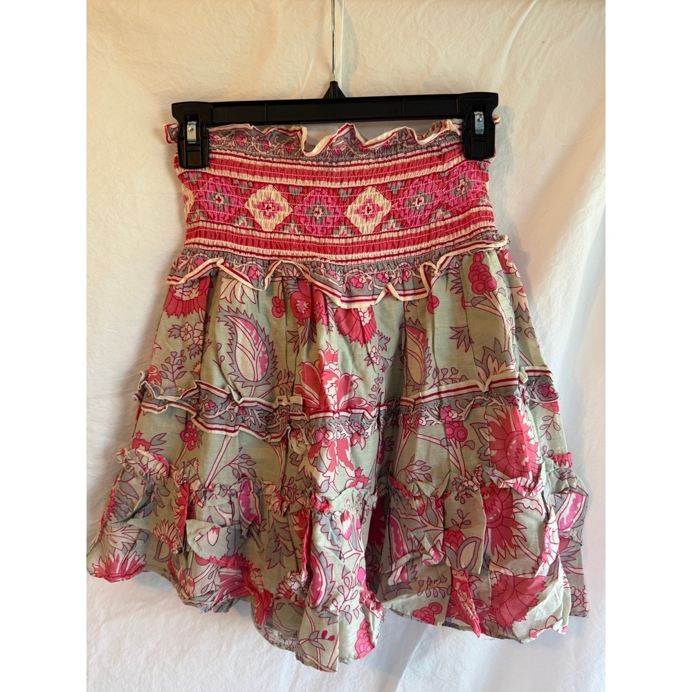 Jennifer Grace Pink Sage Green Floral Smocked Tiered Ruffle Mini Skirt Womens M